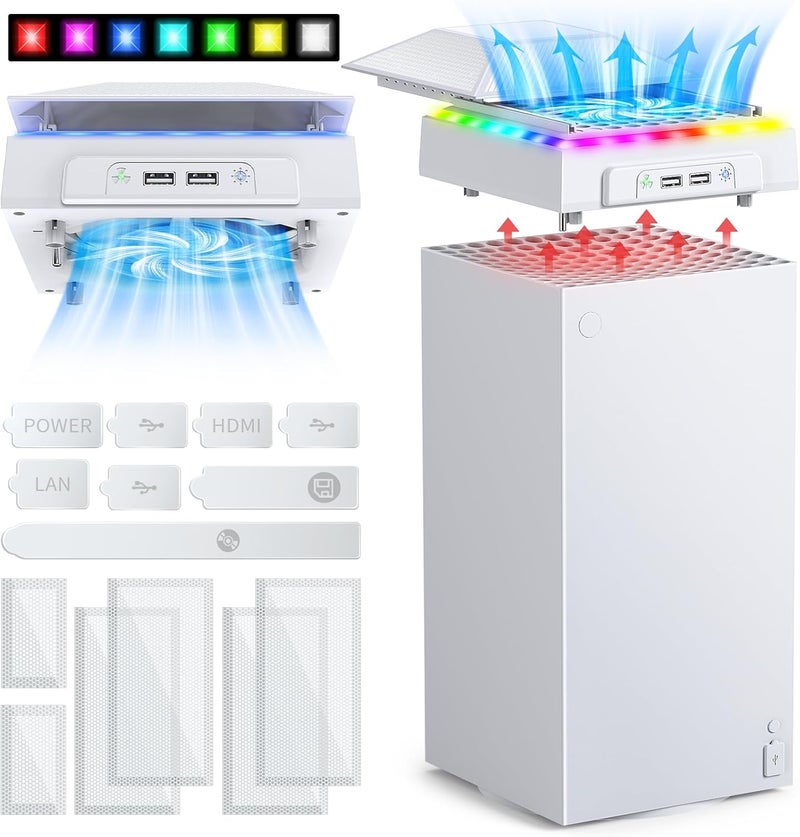FASTSNAIL Cooling Fan with Dust Cover for Xbox Series X, Cooling System Top Fan with RGB Light, 3.0 &2.0 USB Port, Dust Proof Filter, Low Noise with 3 Gears (White/Movable) - Image 1
